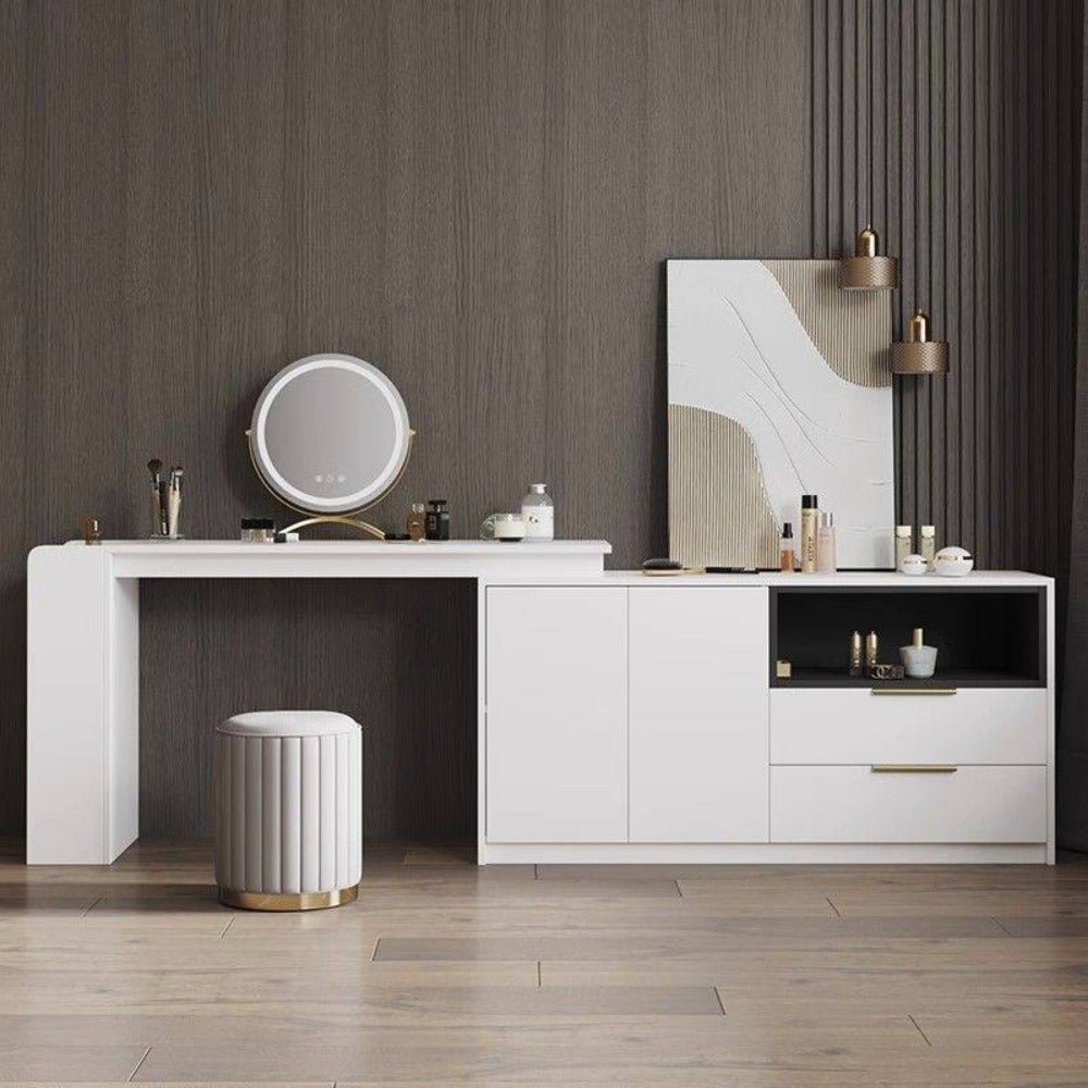Ottoman de rangement Nordic Chic – Pouf rond élégant avec rangement et finition miroir