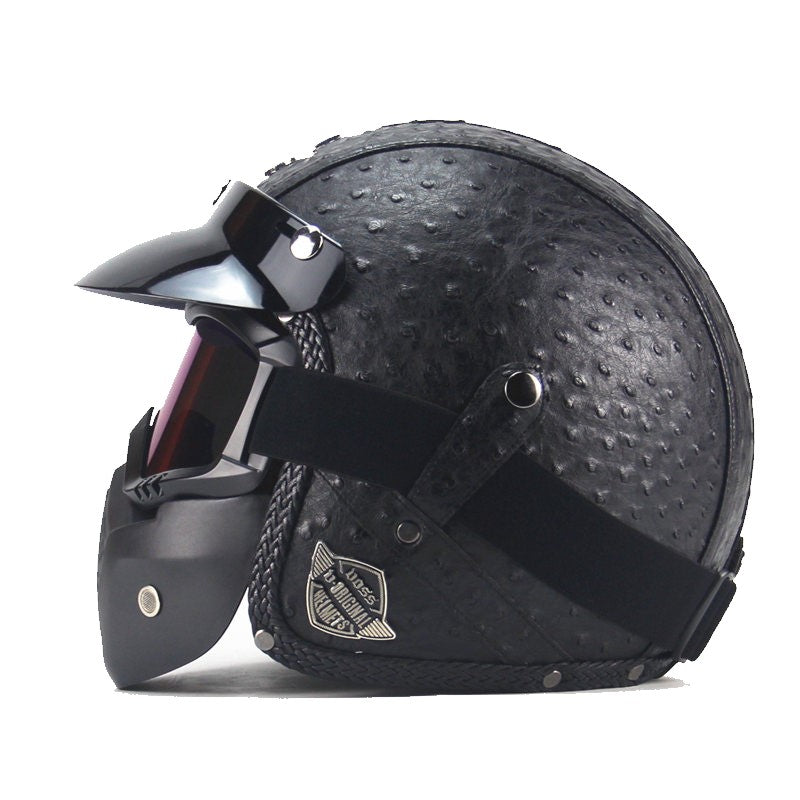 Casque de Moto Vintage en Cuir PU avec Visage Masque Lunettes