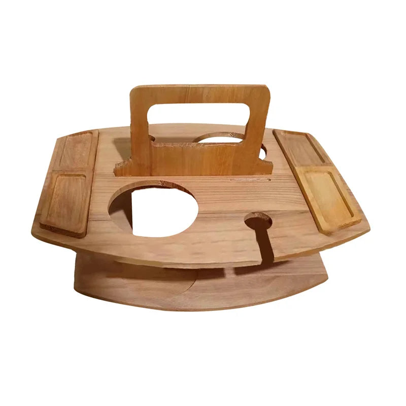 Table de Pique-Nique en Bois Pliable pour Vin – Plateau Rond de Snack Extérieur avec Porte-Gobelets pour un Dîner Élégant en Plein Air