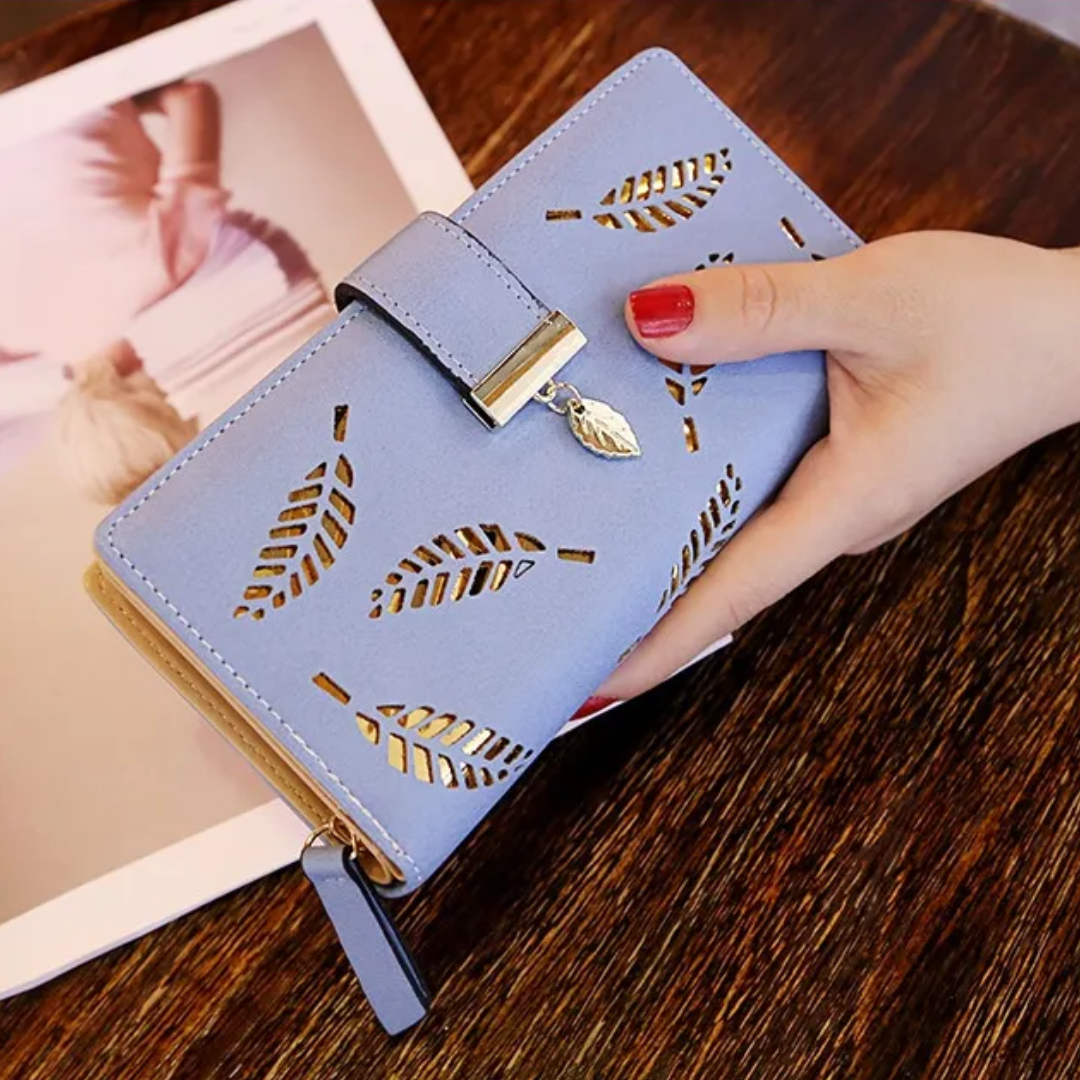 Portefeuille en cuir à feuilles dorées