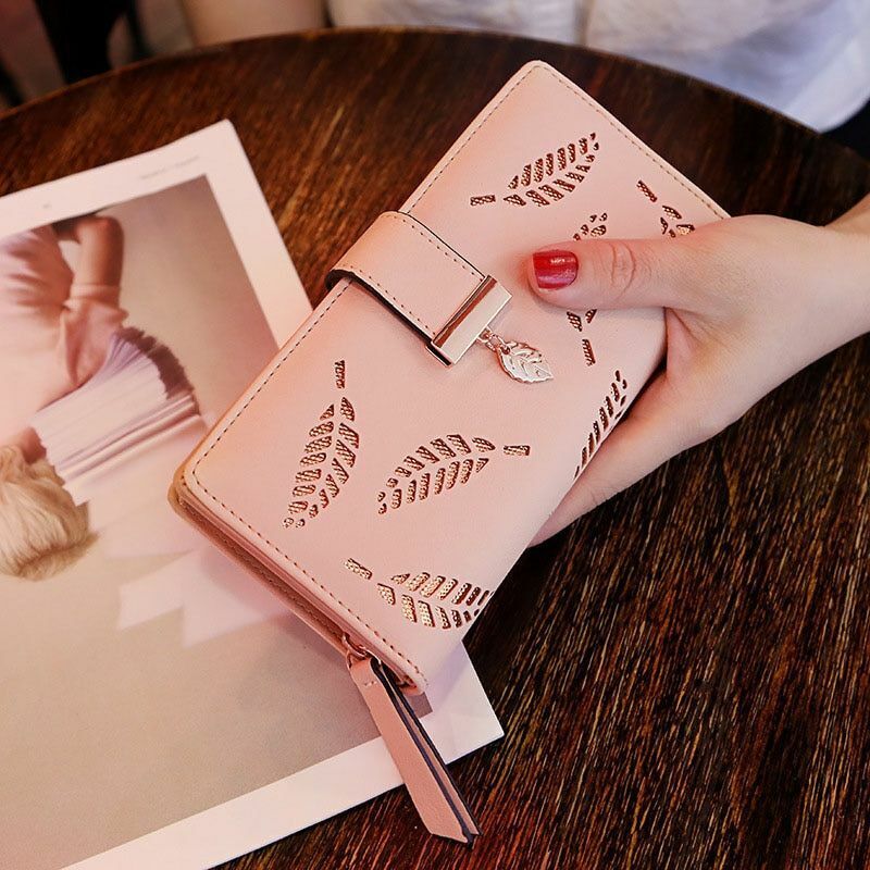Portefeuille en cuir à feuilles dorées